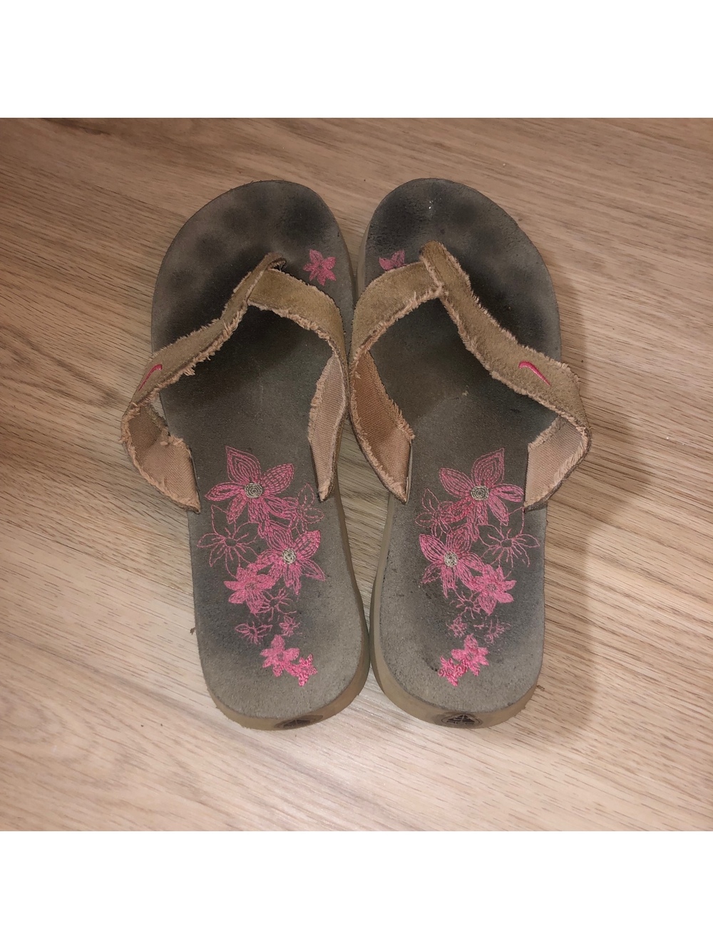 VINTAGE Y2K NIKE ACG FLORAL LEATHER SUEDE FLIP FLOPS SANDALS BROWN PINK WOMENS 8 - Picture 2 of 6